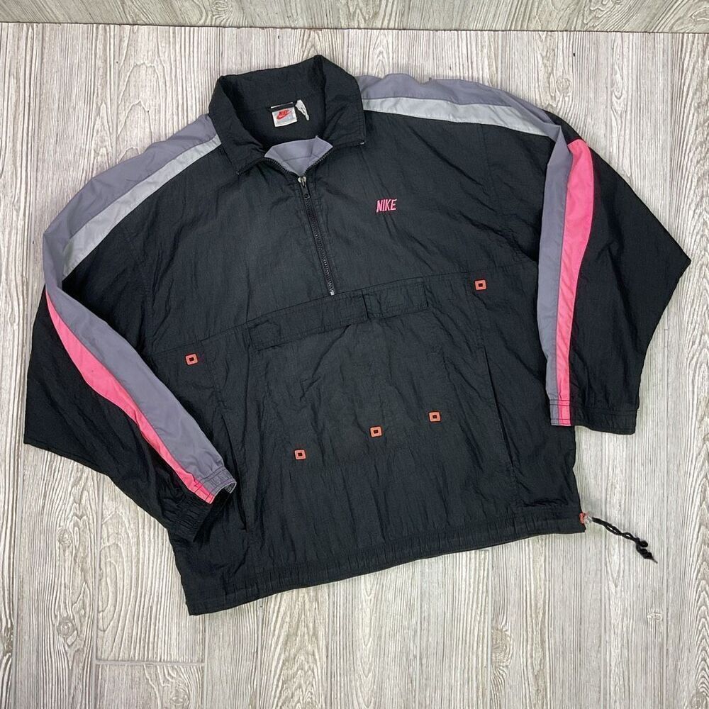 Vintage Nike Grey Label Men’s Large Black Nylon Windbreaker Anorak Jacket